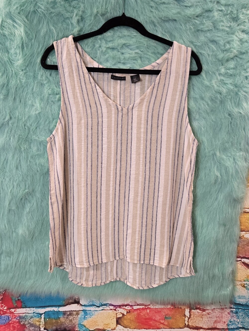 Tahari Light Tan, Beige, Navy and White Linen Stripe Sleeveless Top Size M